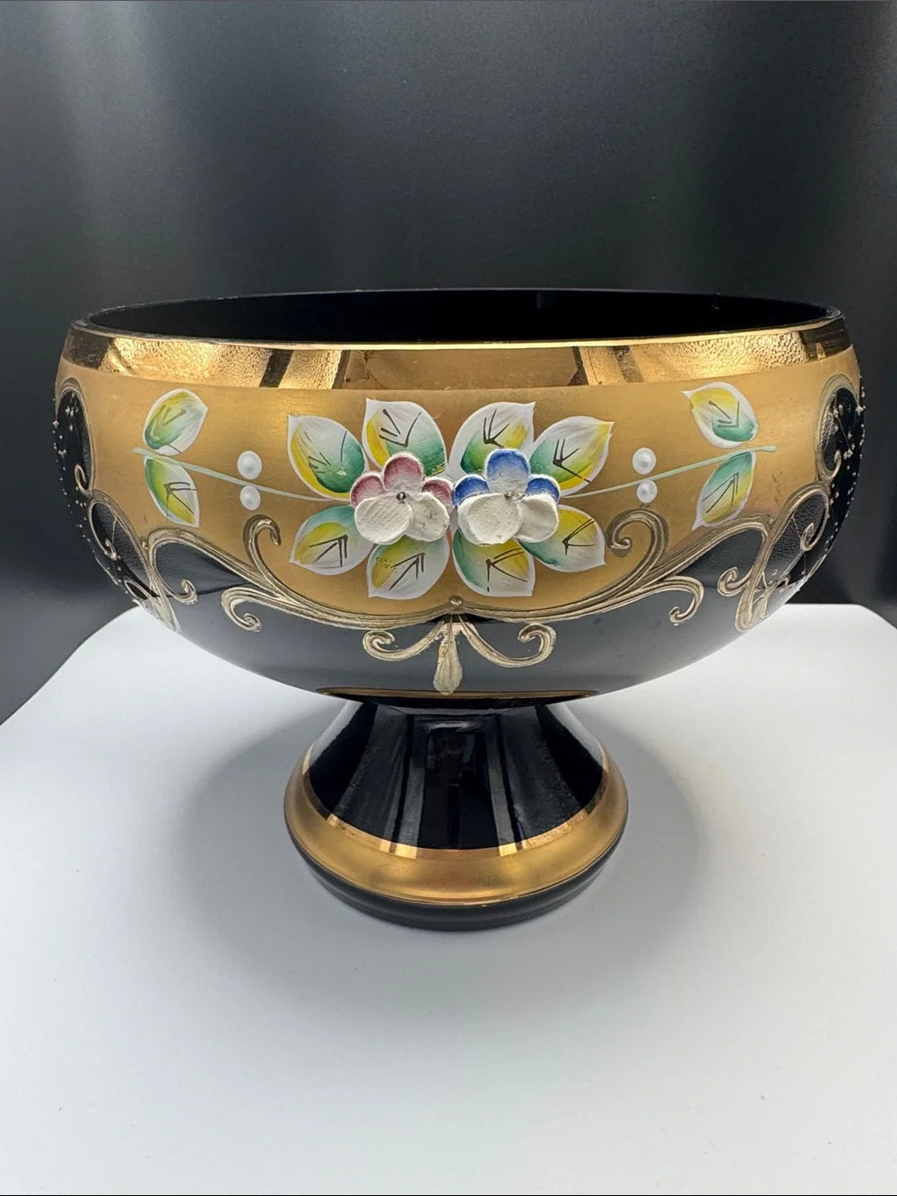 Hand-Painted Black and Gold Decorative Footed Bowl